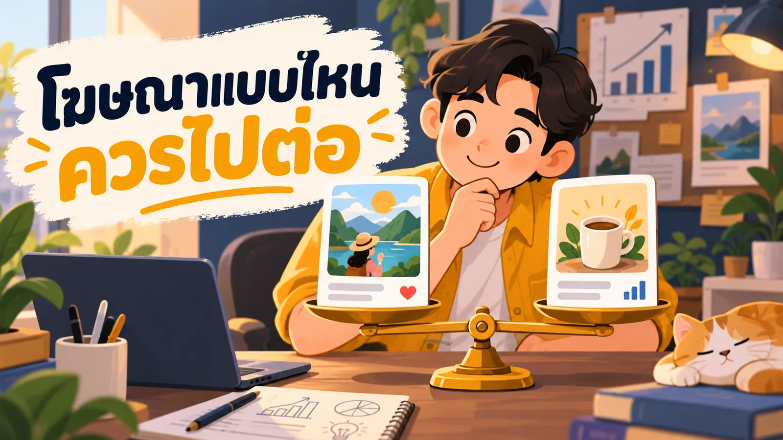 ภาพการ์ตูนประกอบบทความ AI ทดสอบโฆษณา A/B Testing: โฆษณาแบบไหนควรไปต่อ