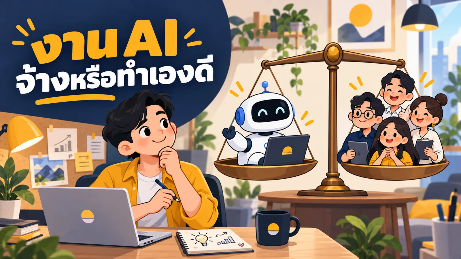 ภาพการ์ตูนประกอบบทความ AI Agency หรือทีม In-house: งาน AI จ้างหรือทำเองดี