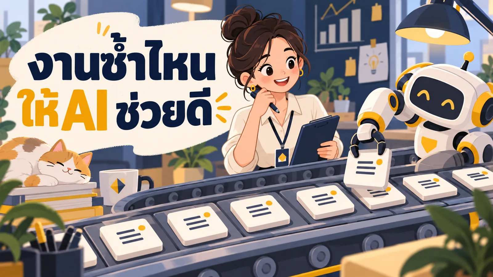 ภาพการ์ตูนประกอบบทความ AI Automation: งานซ้ำไหนให้ AI ช่วยดี