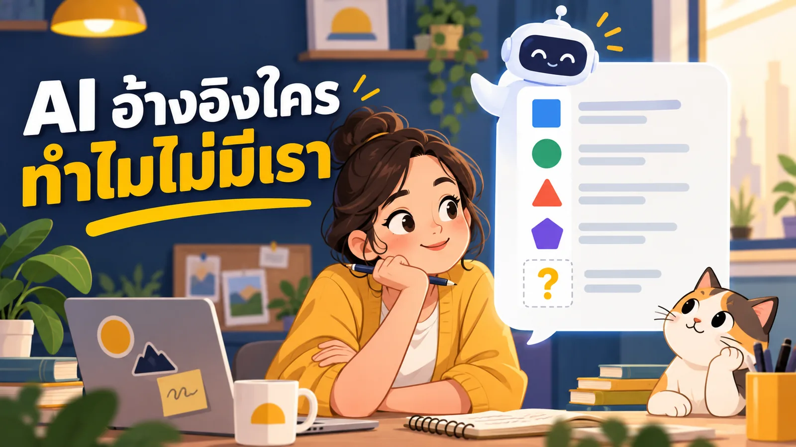 ภาพการ์ตูนประกอบบทความ AI Citation คืออะไร: AI อ้างอิงใคร ทำไมไม่มีเรา
