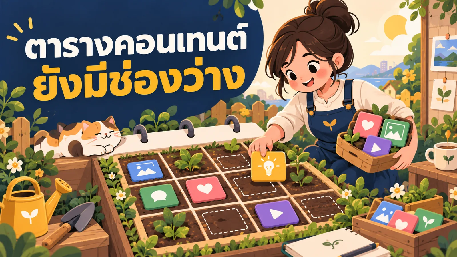 ภาพการ์ตูนประกอบบทความ AI วางแผน Content Calendar: ตารางคอนเทนต์ยังมีช่องว่าง