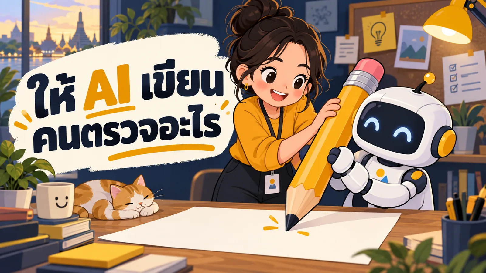 ภาพการ์ตูนประกอบบทความ AI Copywriting: ให้ AI เขียน คนตรวจอะไร
