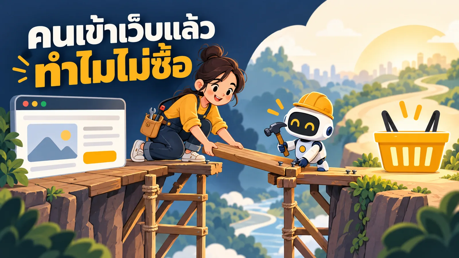 ภาพการ์ตูนประกอบบทความ AI สร้าง Landing Page: คนเข้าเว็บแล้วทำไมไม่ซื้อ