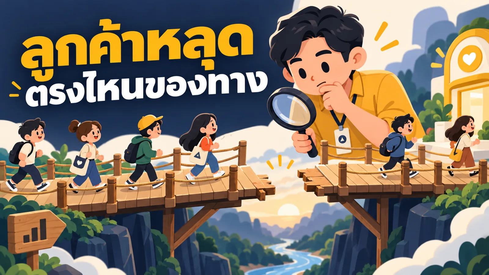 ภาพการ์ตูนประกอบบทความ เส้นทางลูกค้าด้วย AI: ลูกค้าหลุดตรงไหนของทาง