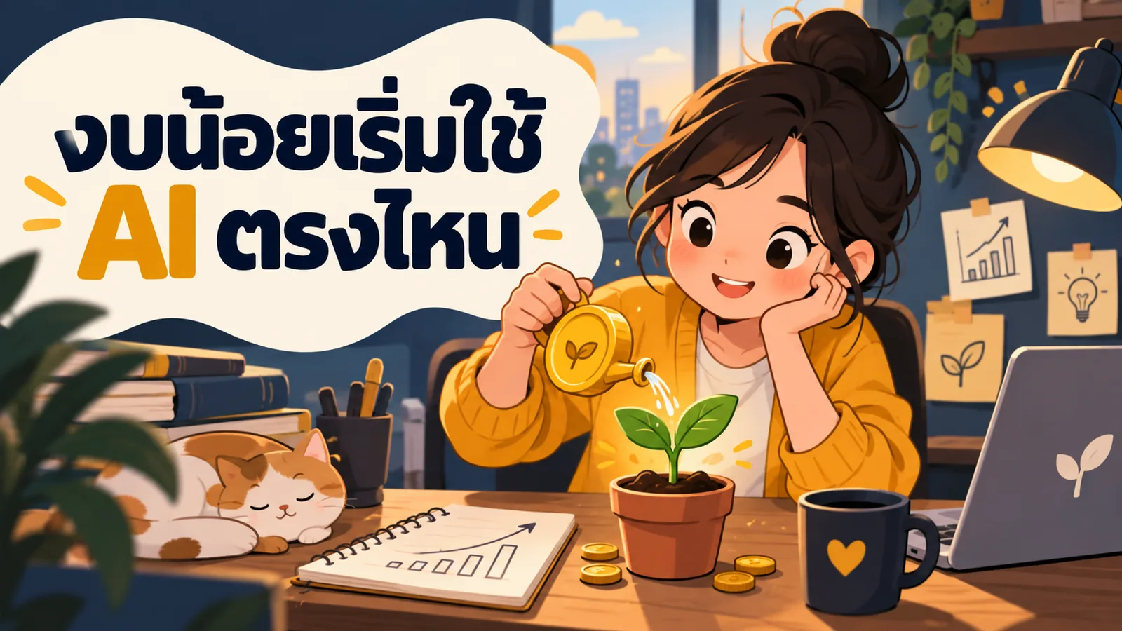 ภาพการ์ตูนประกอบบทความ AI การตลาดสำหรับ Startup: งบน้อยเริ่มใช้ AI ตรงไหน