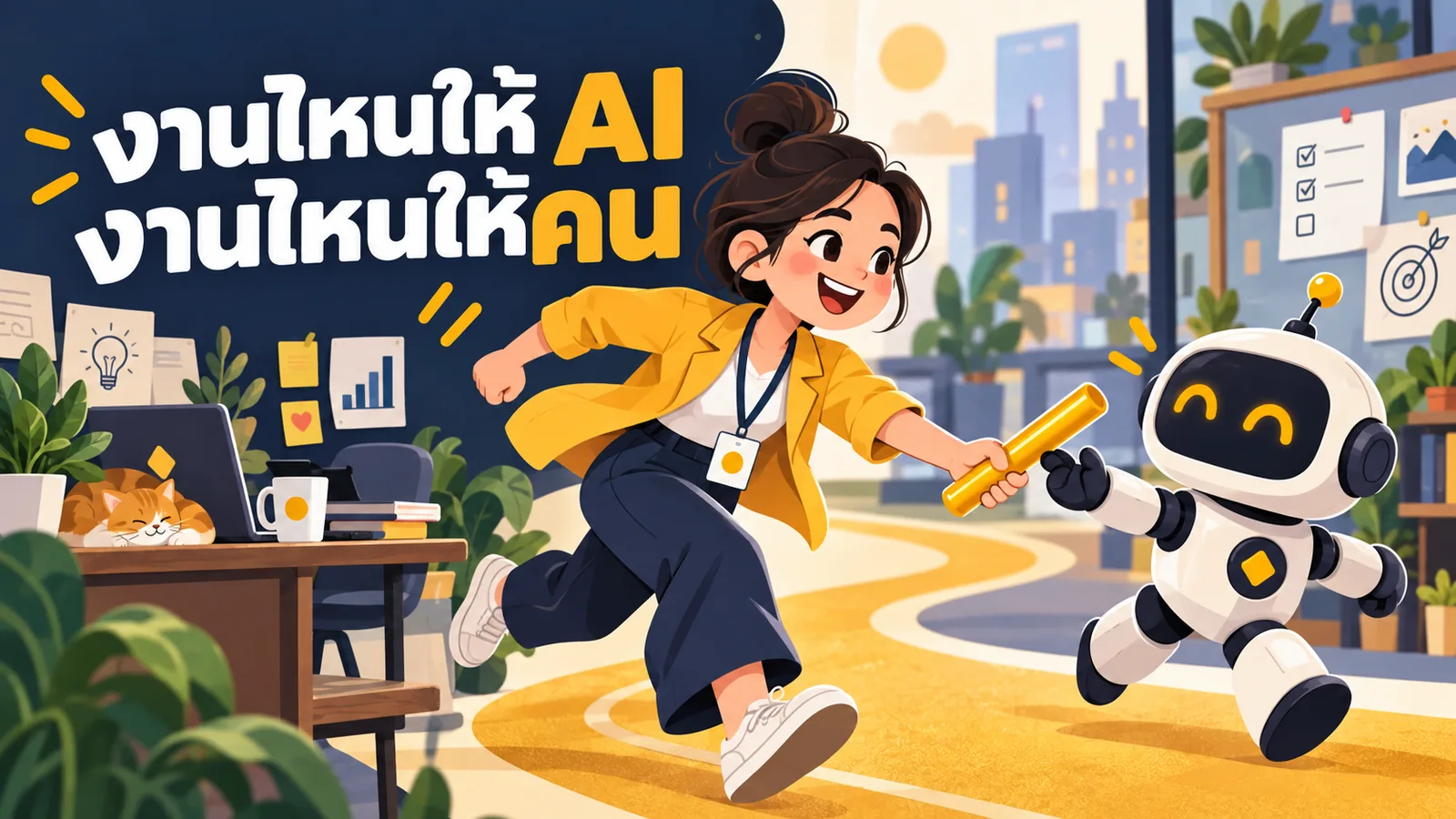 ภาพการ์ตูนประกอบบทความ AI กับคนในงานการตลาด: งานไหนให้ AI งานไหนให้คน