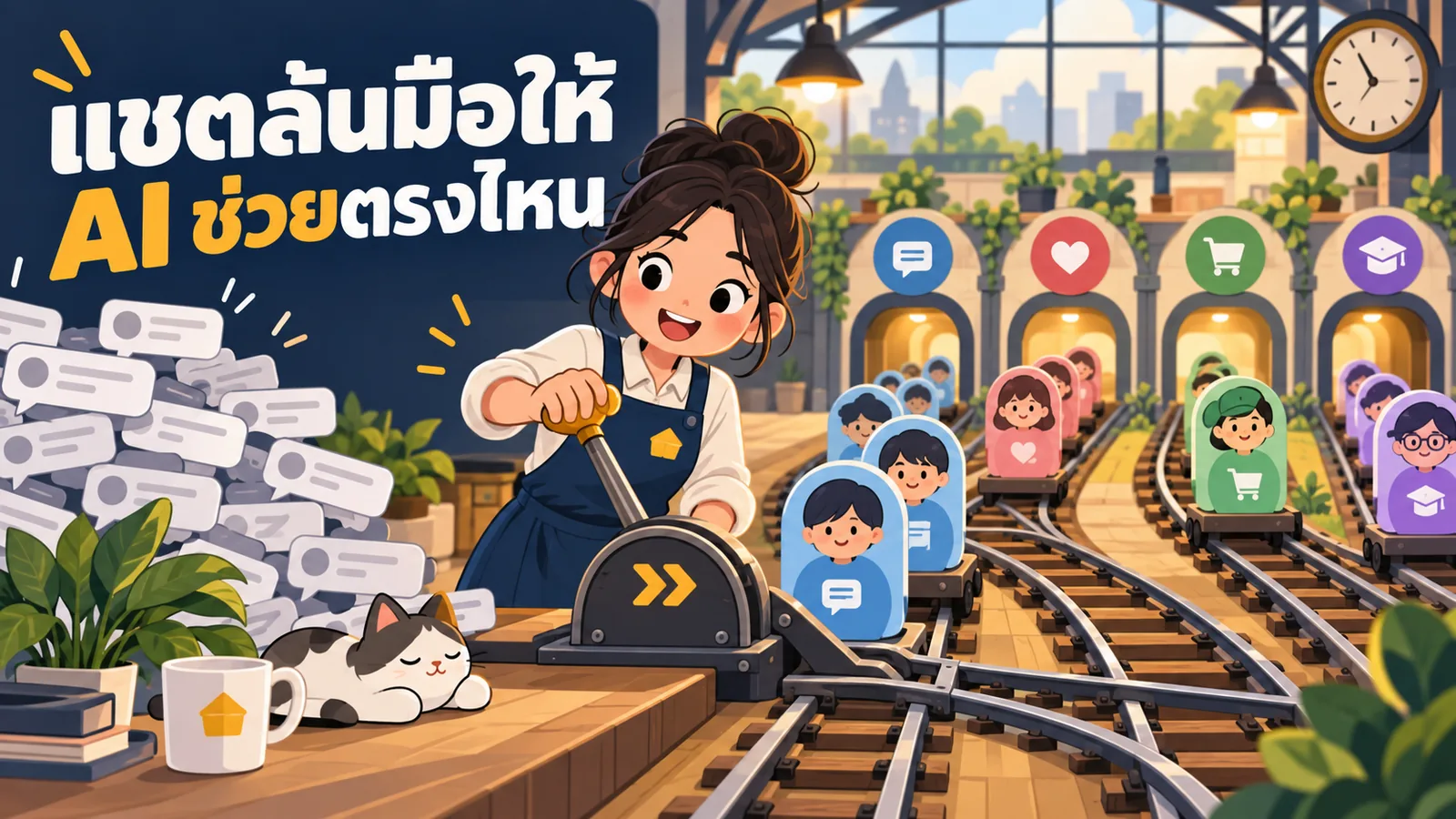 ภาพการ์ตูนประกอบบทความ AI การตลาดบน LINE OA: แชตล้นมือให้ AI ช่วยตรงไหน