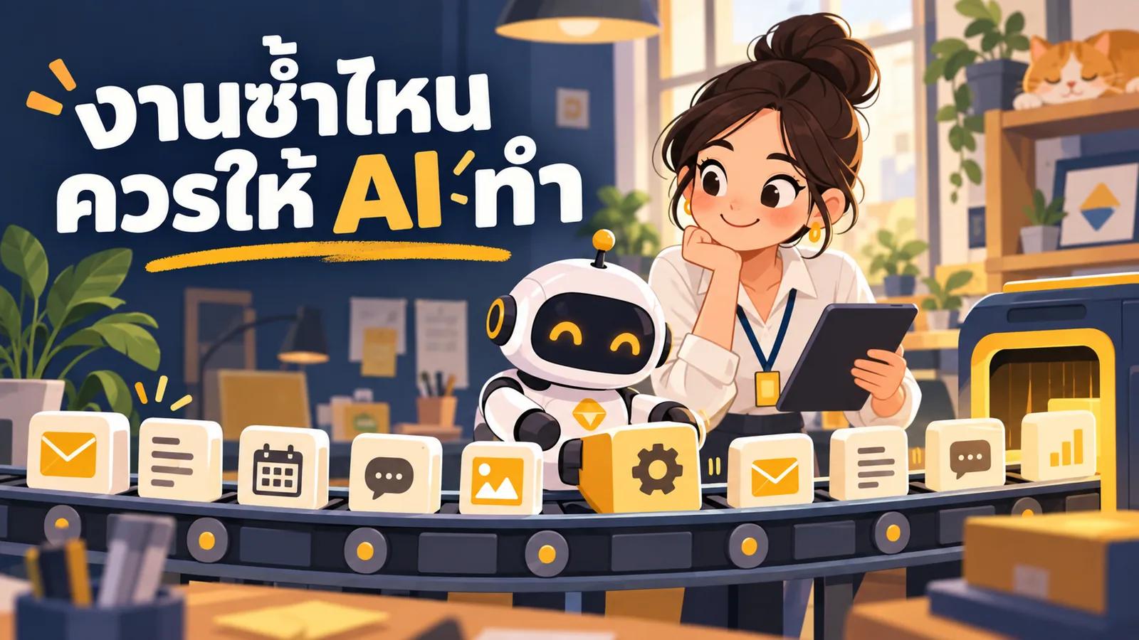 ภาพการ์ตูนประกอบบทความ AI Marketing Automation: งานซ้ำไหนควรให้ AI ทำ