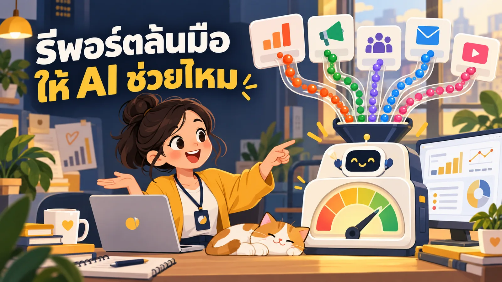 ภาพการ์ตูนประกอบบทความ AI Marketing Dashboard: รีพอร์ตล้นมือให้ AI ช่วยไหม