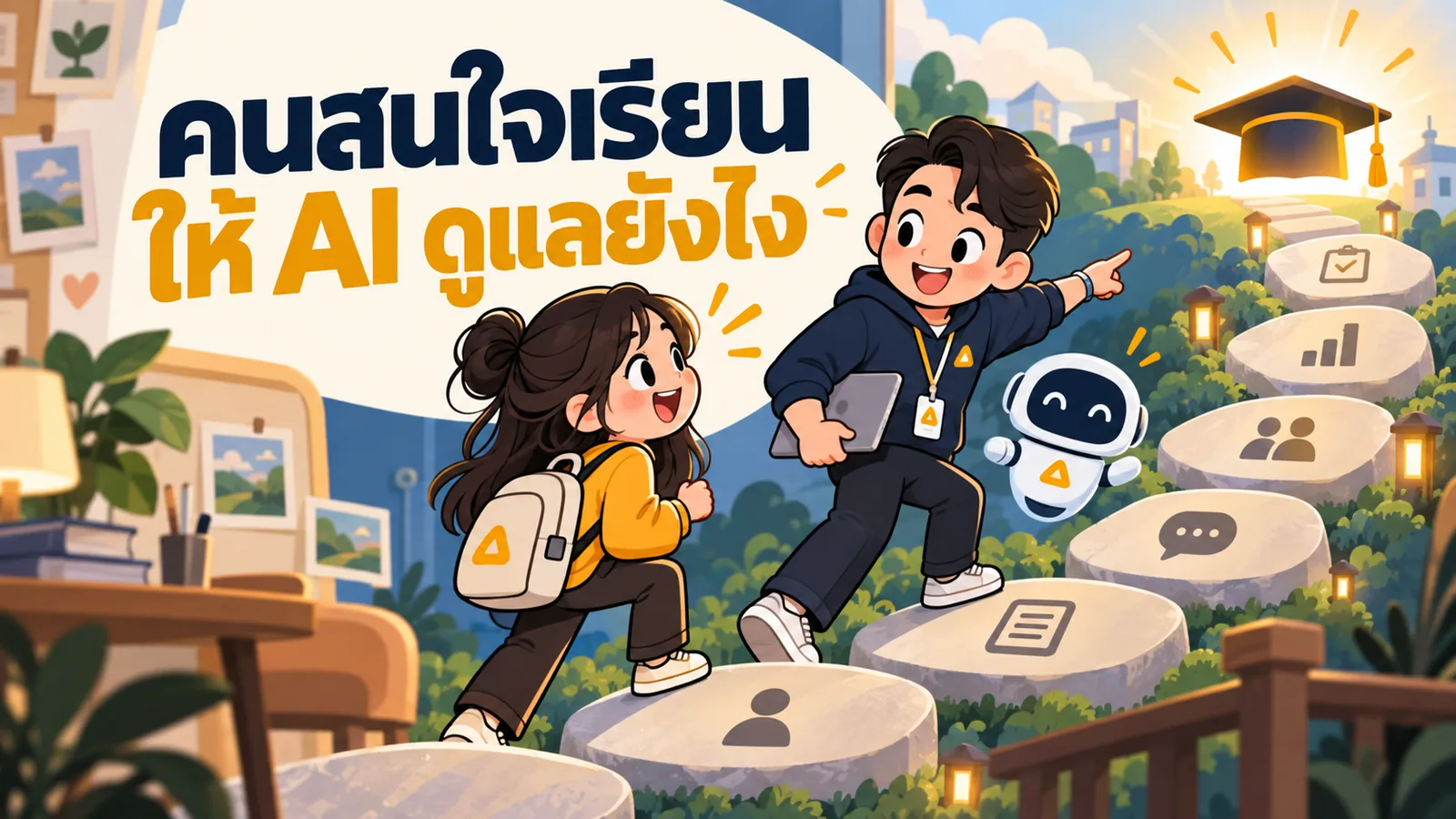 ภาพการ์ตูนประกอบบทความ AI Marketing ธุรกิจการศึกษา: คนสนใจเรียนให้ AI ดูแลยังไง