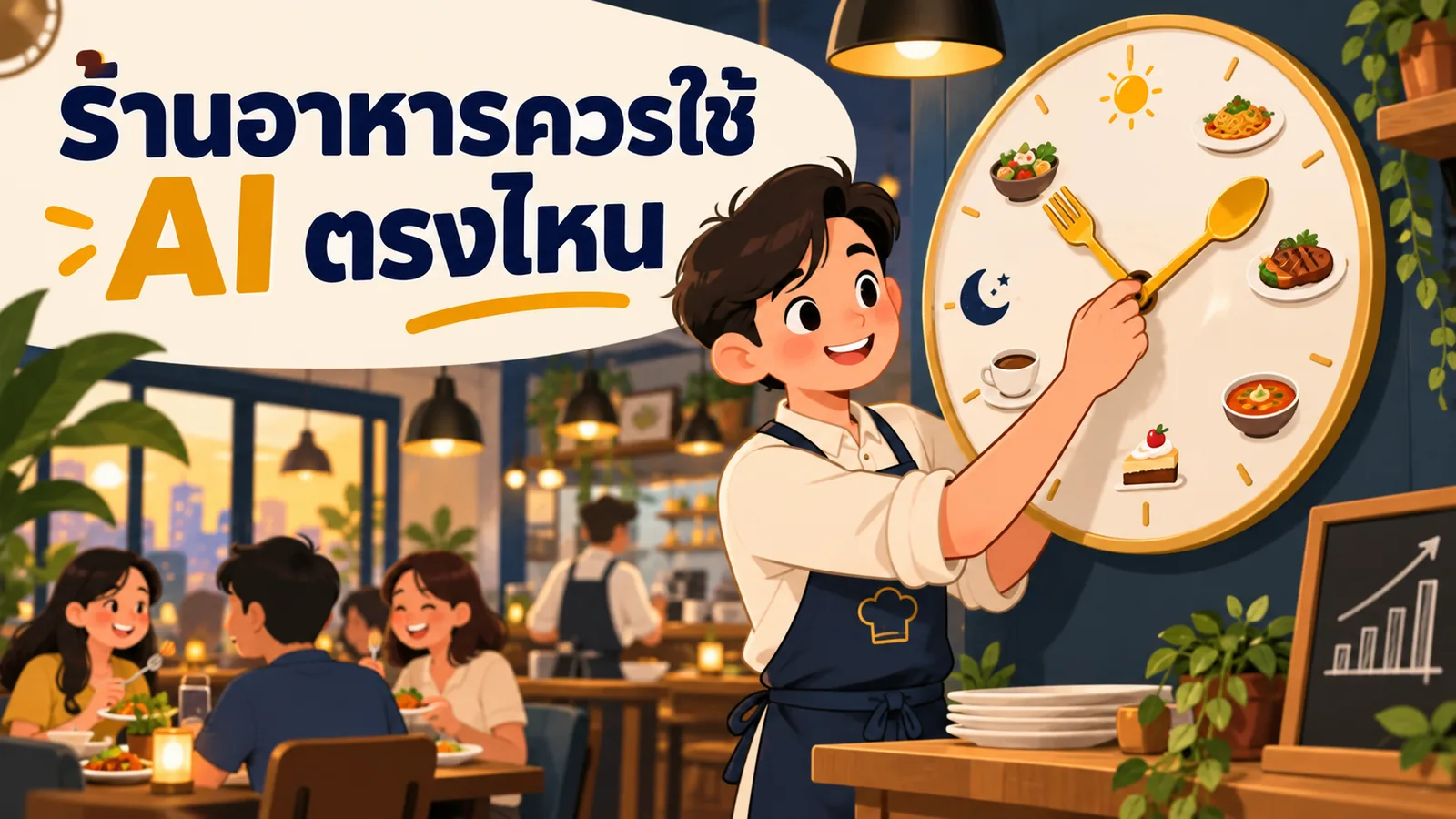 ภาพการ์ตูนประกอบบทความ AI Marketing ร้านอาหาร: ร้านอาหารควรใช้ AI ตรงไหน