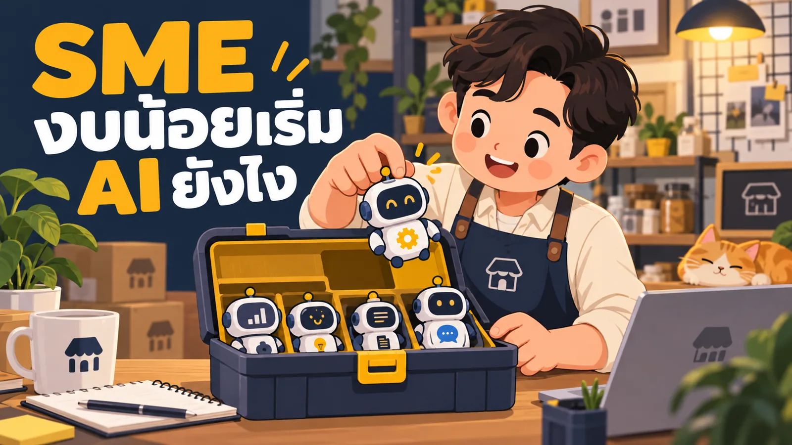 ภาพการ์ตูนประกอบบทความ AI Marketing สำหรับ SME: SME งบน้อยเริ่ม AI ยังไง