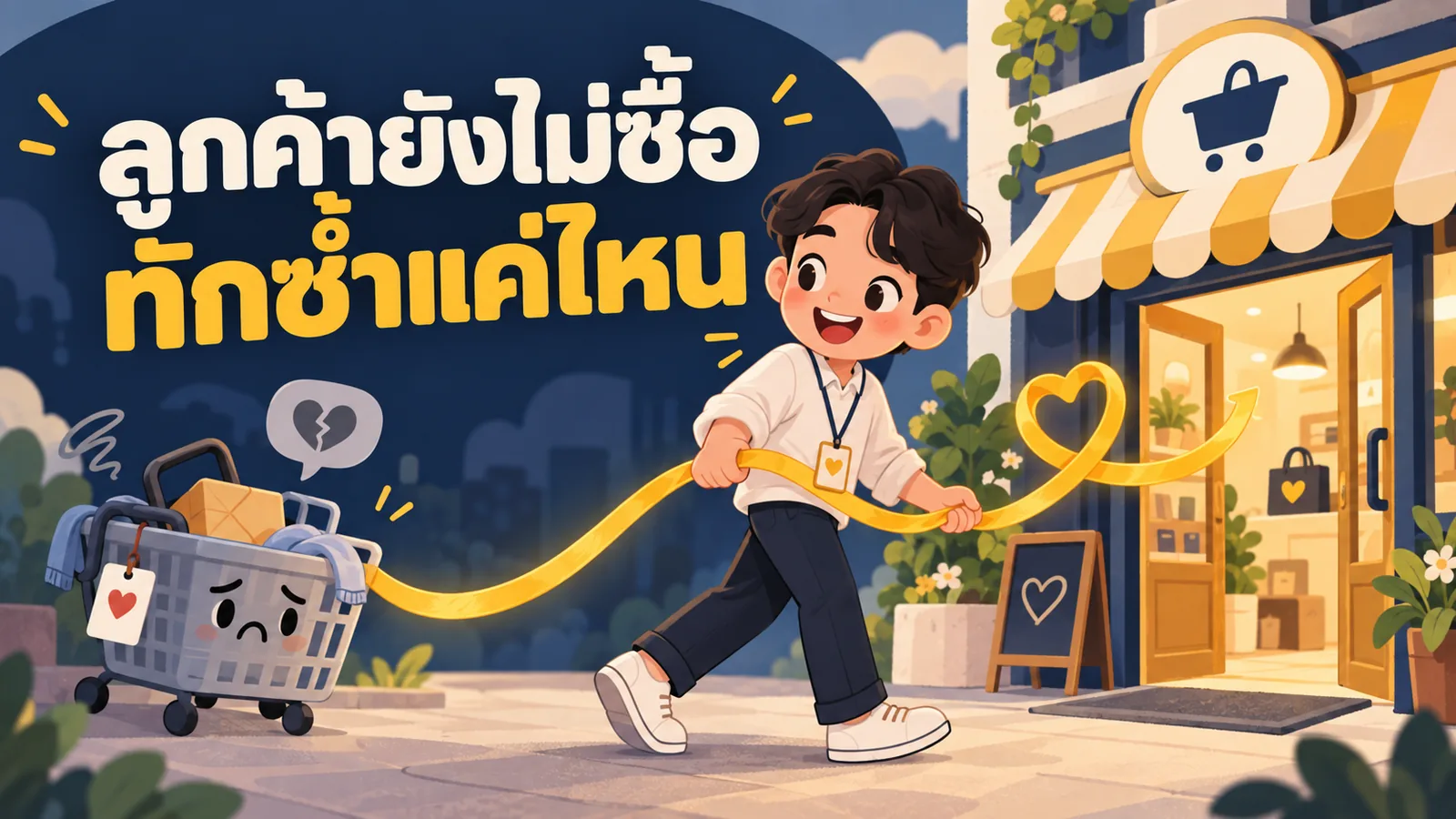 ภาพการ์ตูนประกอบบทความ AI Retargeting: ลูกค้ายังไม่ซื้อทักซ้ำแค่ไหน