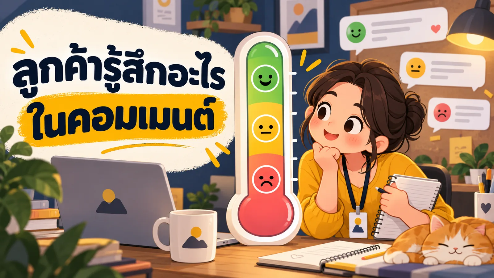 ภาพการ์ตูนประกอบบทความ AI Sentiment Analysis: ลูกค้ารู้สึกอะไรในคอมเมนต์