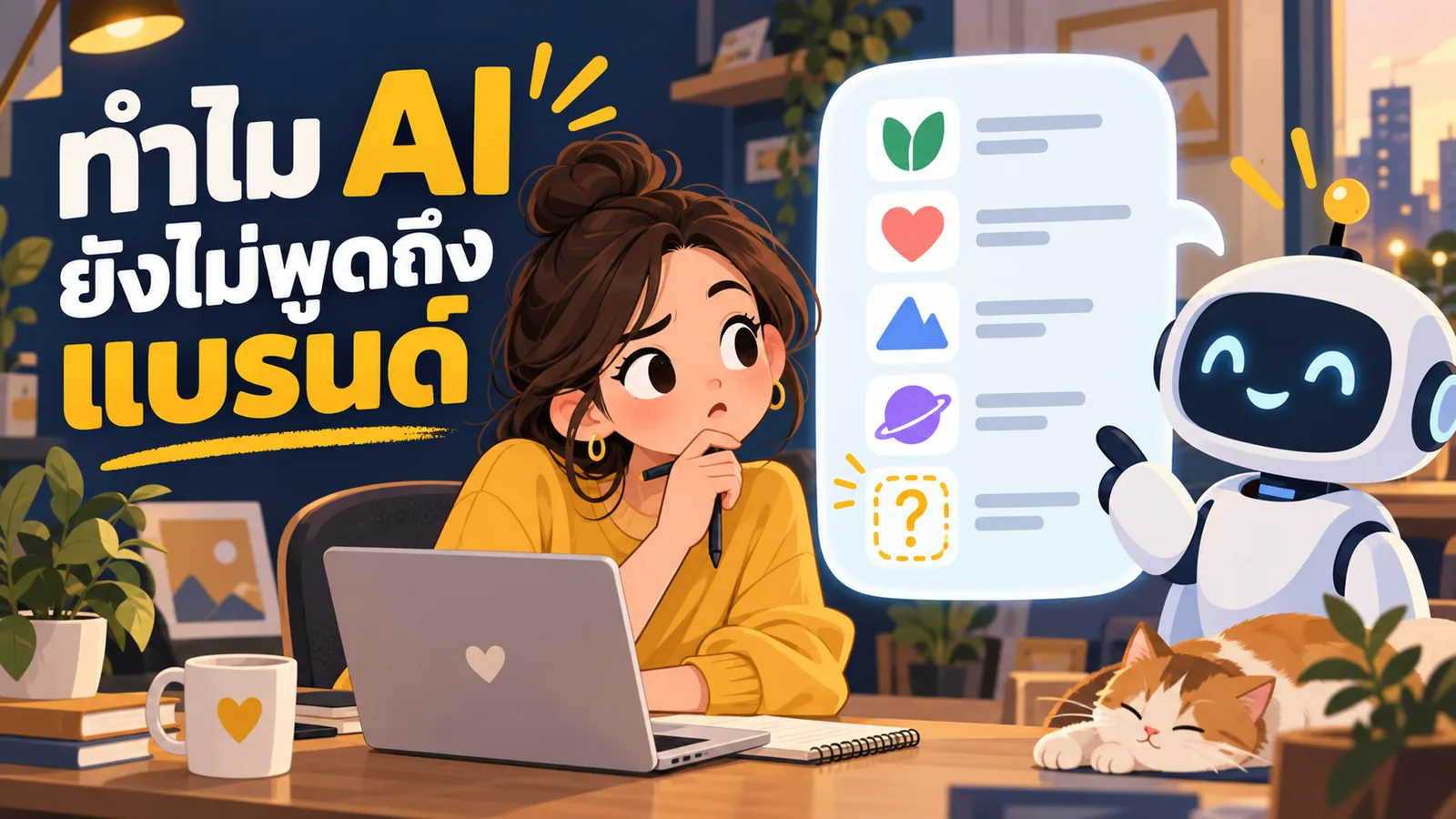 ภาพการ์ตูนประกอบบทความ AI ปรับปรุง SEO และ AEO: ทำไม AI ยังไม่พูดถึงแบรนด์