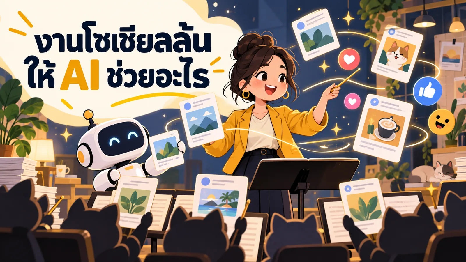 ภาพการ์ตูนประกอบบทความ AI จัดการ Social Media: งานโซเชียลล้นให้ AI ช่วยอะไร