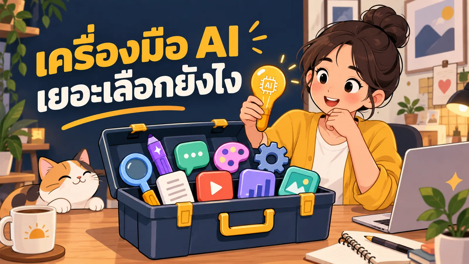 ภาพการ์ตูนประกอบบทความ เครื่องมือ AI การตลาด: เครื่องมือ AI เยอะเลือกยังไง