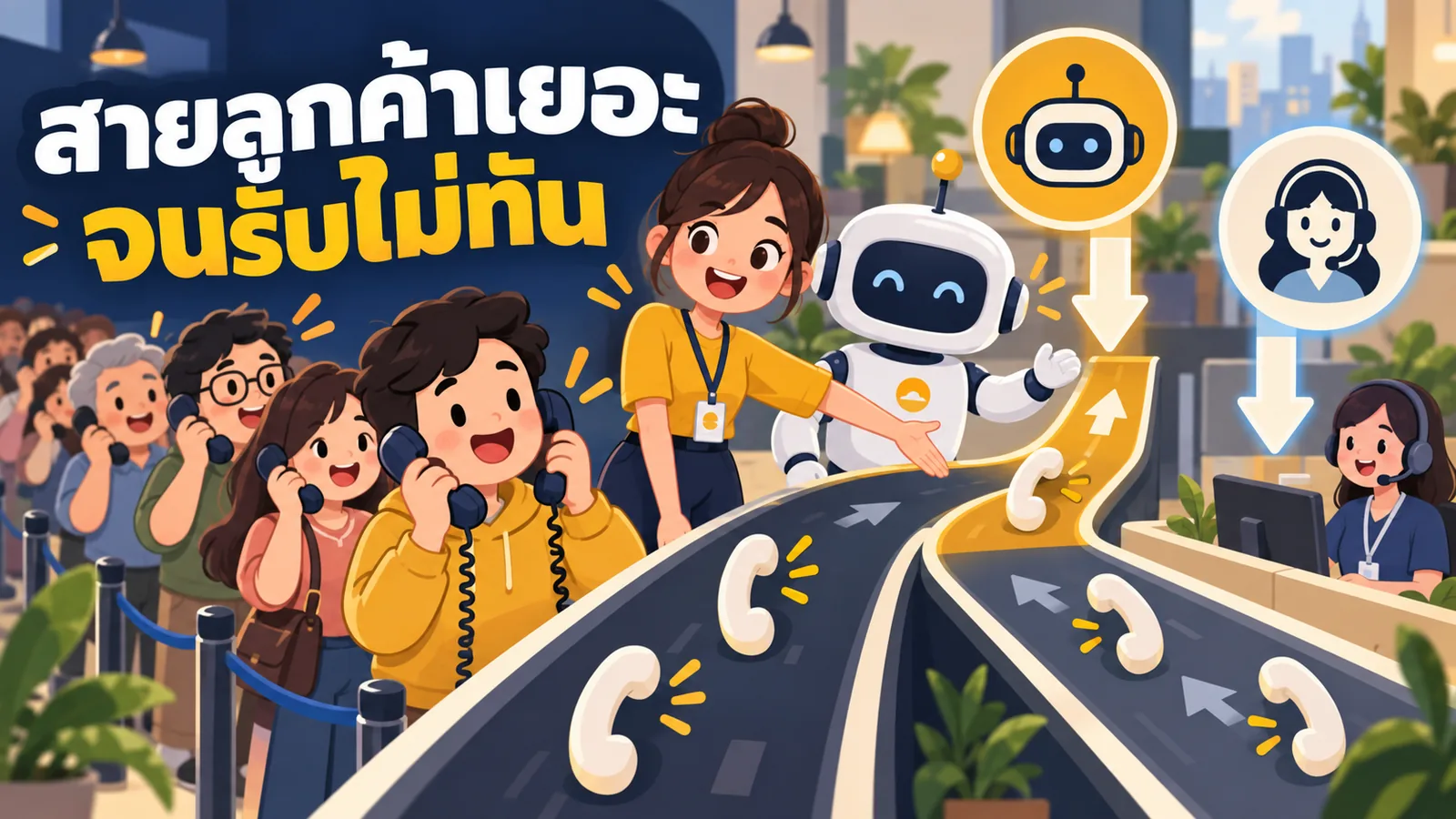ภาพการ์ตูนประกอบบทความ AI Voicebot: สายลูกค้าเยอะจนรับไม่ทัน