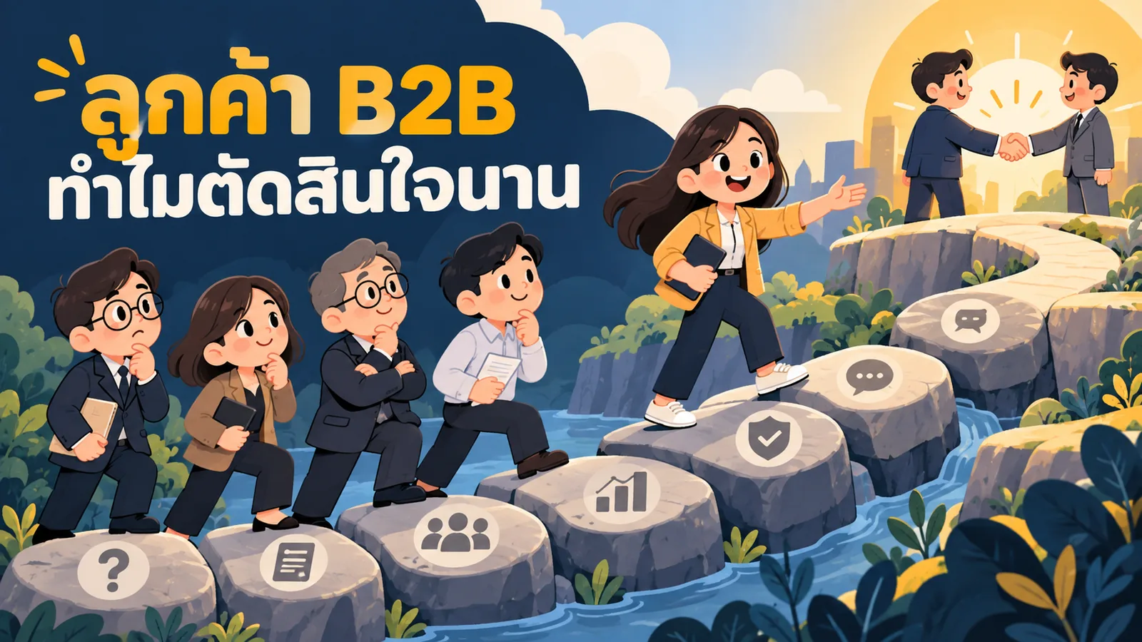 ภาพการ์ตูนประกอบบทความ Customer Journey B2B: ลูกค้า B2B ทำไมตัดสินใจนาน
