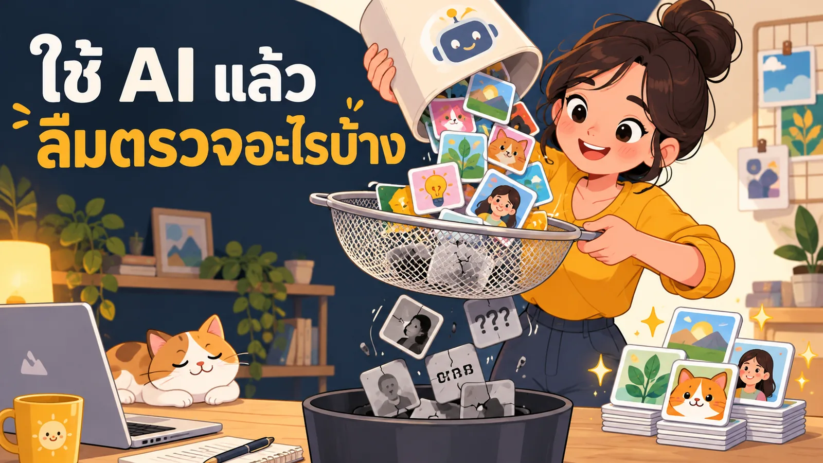 ภาพการ์ตูนประกอบบทความ ข้อควรระวังในการใช้ AI: ใช้ AI แล้วลืมตรวจอะไรบ้าง