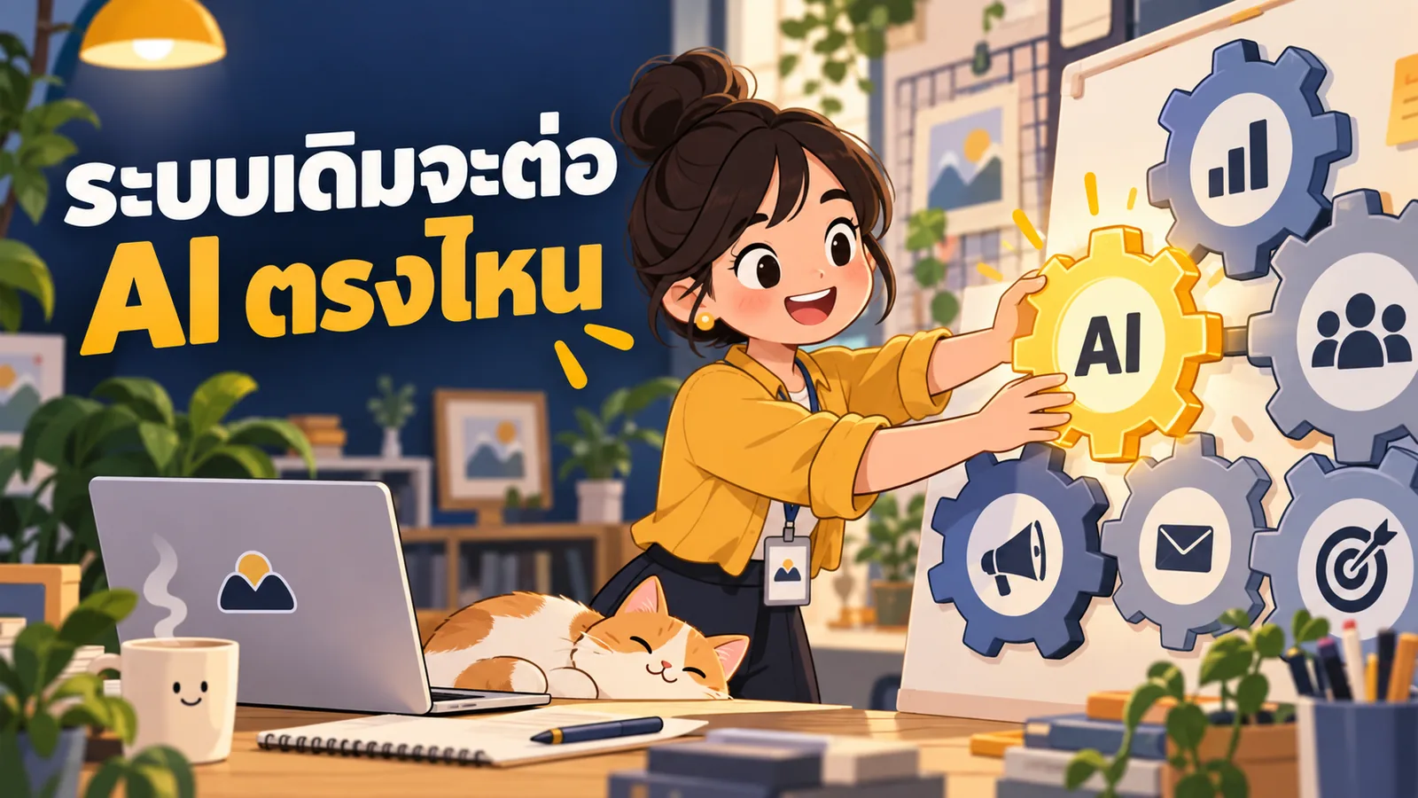 ภาพการ์ตูนประกอบบทความ เชื่อม AI กับระบบการตลาดเดิม: ระบบเดิมจะต่อ AI ตรงไหน