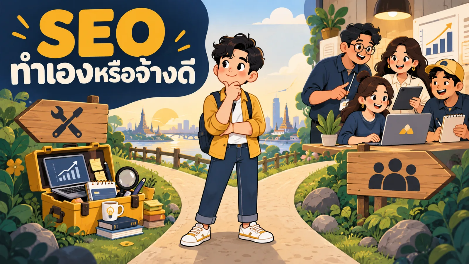 ภาพการ์ตูนประกอบบทความ ทำ SEO เอง กับจ้างบริษัท SEO: SEO ทำเองหรือจ้างดี