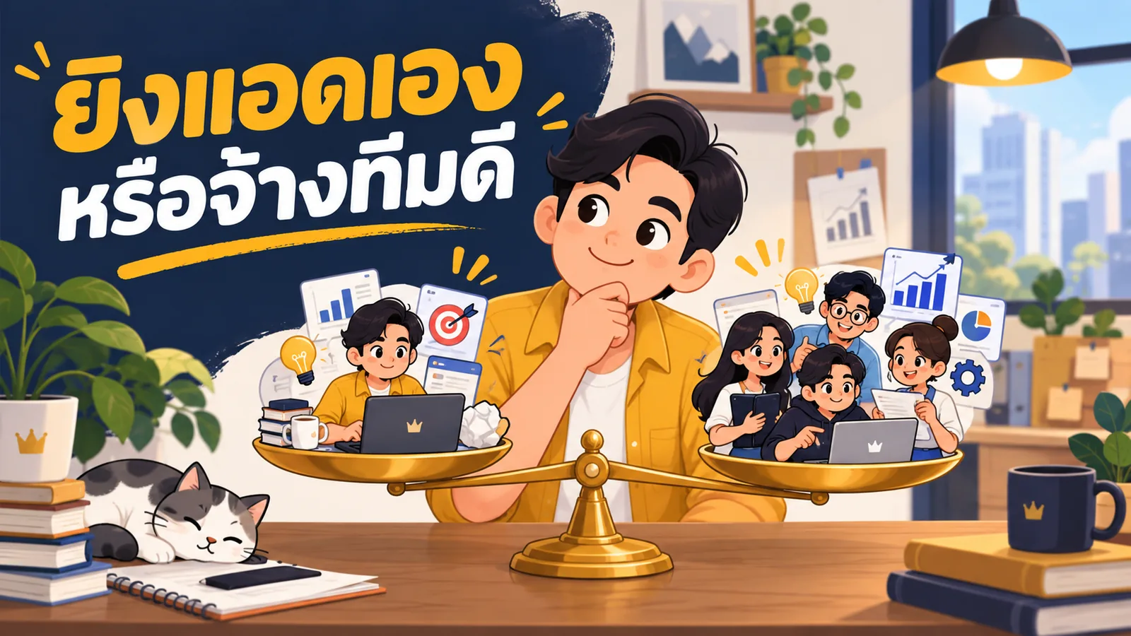 ภาพการ์ตูนประกอบบทความ จ้าง Facebook Ads Agency: ยิงแอดเองหรือจ้างทีมดี
