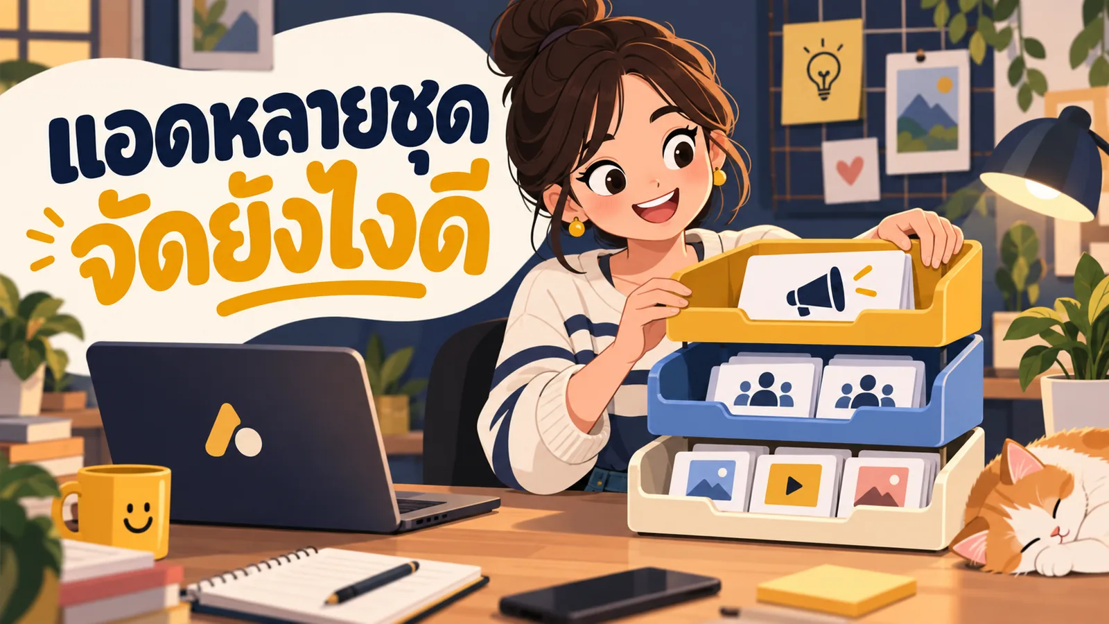 ภาพการ์ตูนประกอบบทความ โครงสร้าง Facebook Ads Manager: แอดหลายชุดจัดยังไงดี