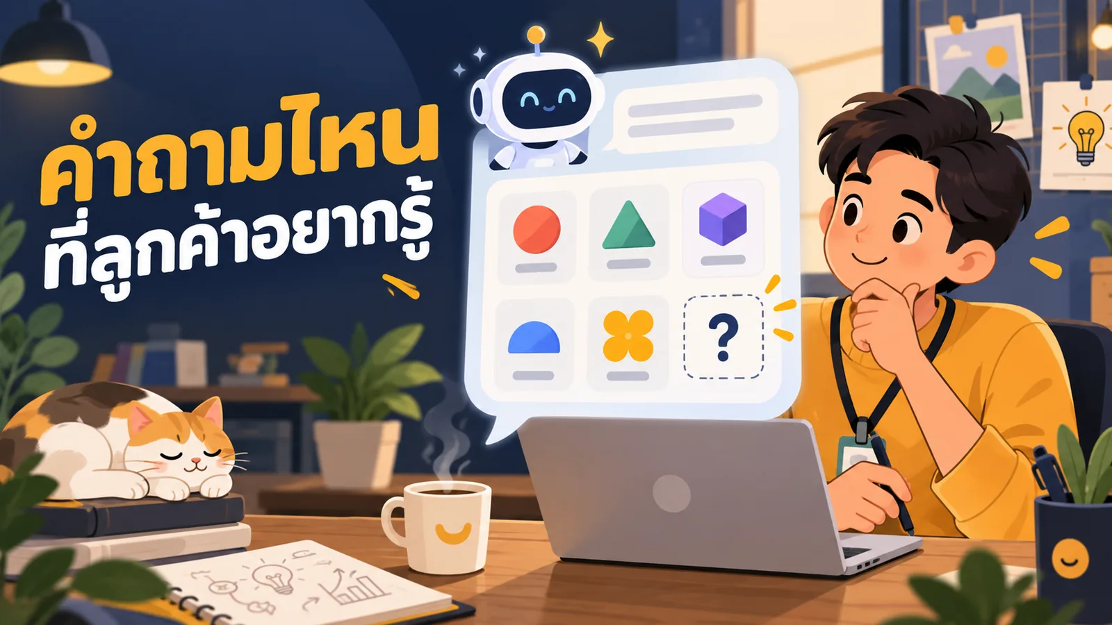 ภาพการ์ตูนประกอบบทความ FAQ Schema: คำถามไหนที่ลูกค้าอยากรู้