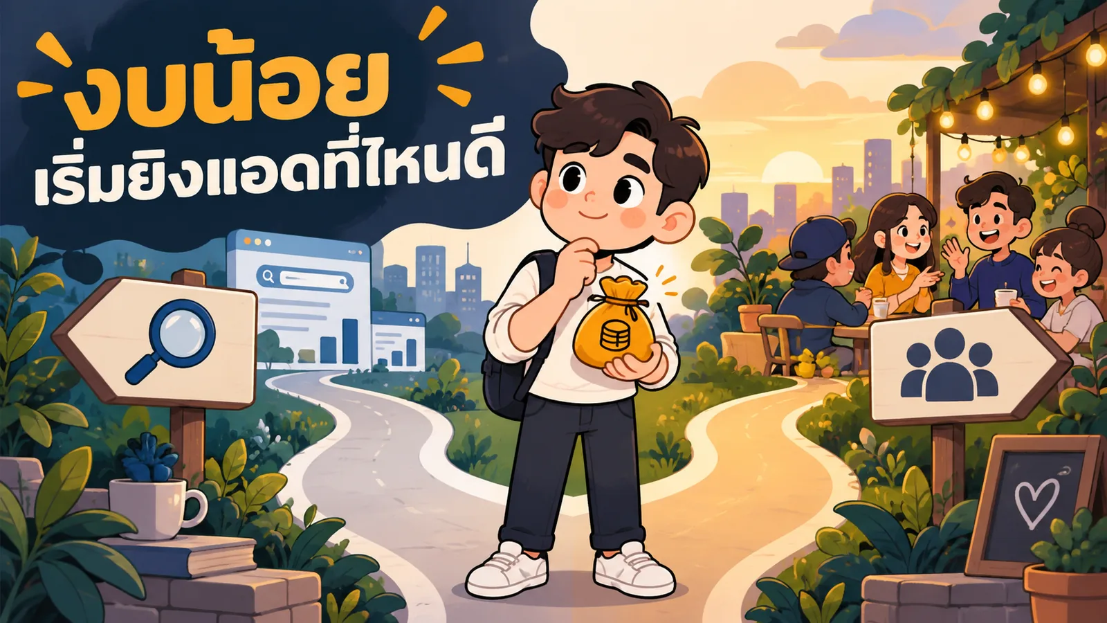 ภาพการ์ตูนประกอบบทความ Google Ads หรือ Facebook Ads: งบน้อยเริ่มยิงแอดที่ไหนดี