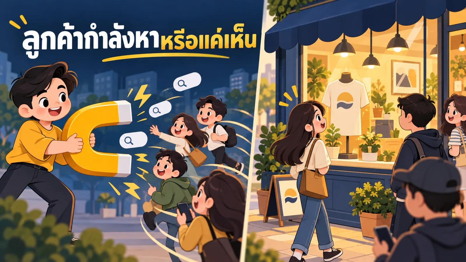 ภาพการ์ตูนประกอบบทความ Search Ads กับ Display Ads: ลูกค้ากำลังหาหรือแค่เห็น