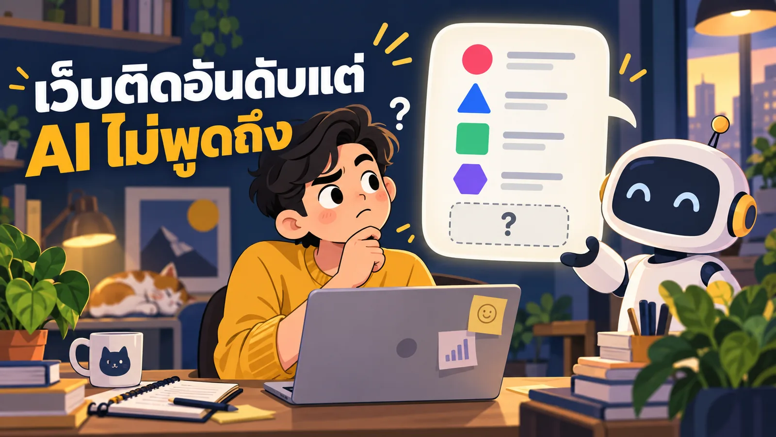 ภาพการ์ตูนประกอบบทความ ติดอันดับ Google ไม่ถูก AI แนะนำ: เว็บติดอันดับแต่ AI ไม่พูดถึง