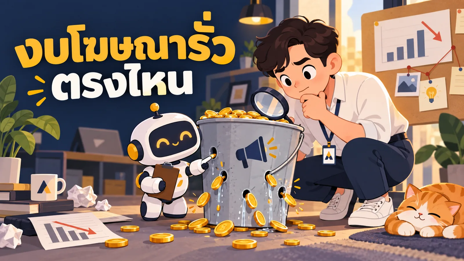 ภาพการ์ตูนประกอบบทความ AI ประหยัดงบโฆษณา: งบโฆษณารั่วตรงไหน