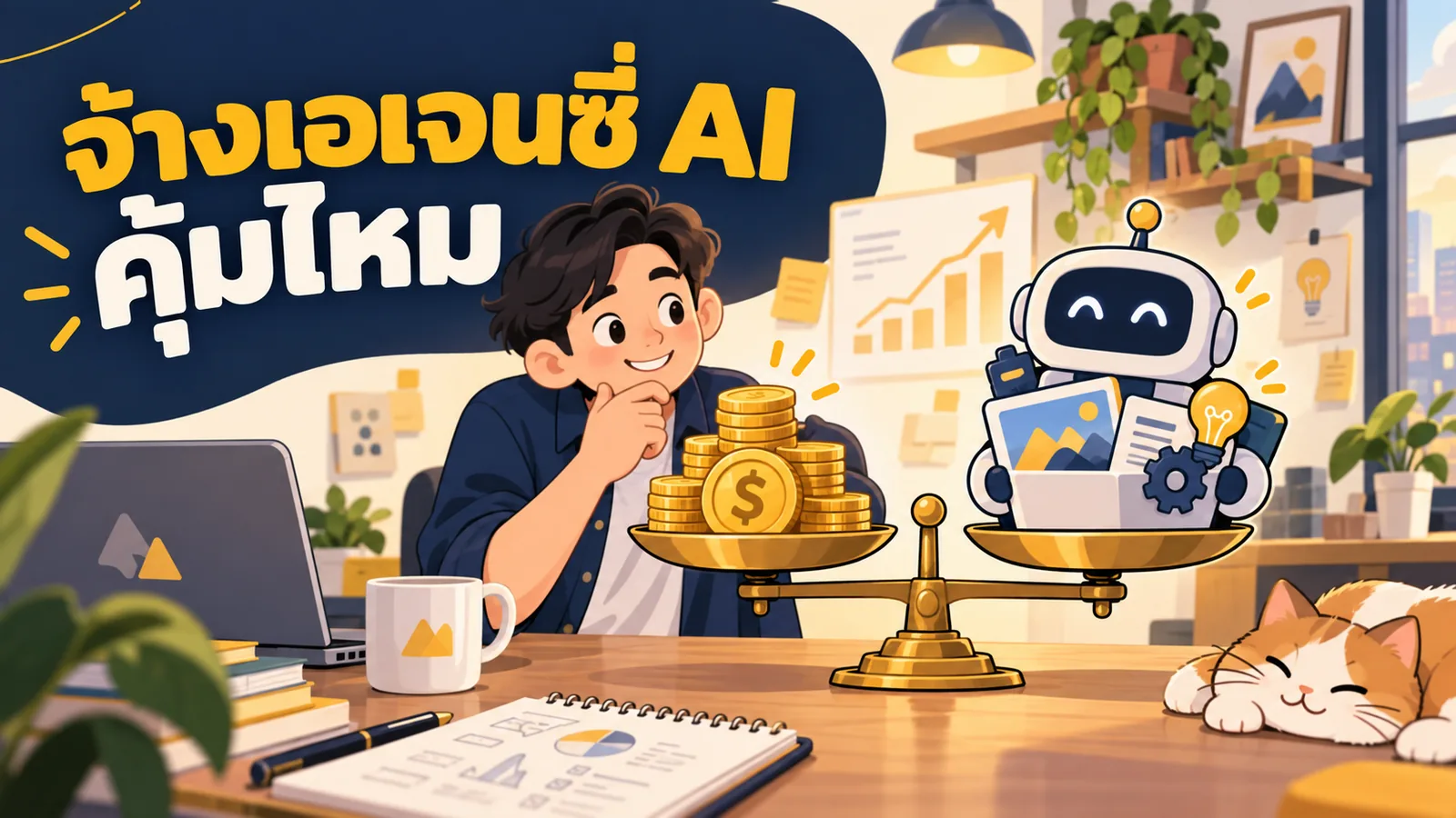 ภาพการ์ตูนประกอบบทความ AI Marketing Agency ราคา: จ้างเอเจนซี่ AI คุ้มไหม