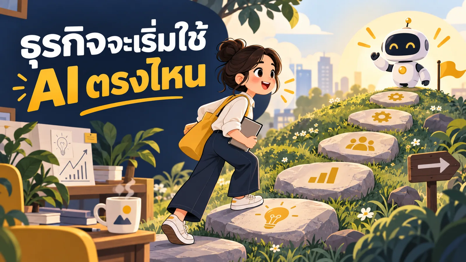 ภาพการ์ตูนประกอบบทความ เริ่มใช้ AI ในธุรกิจ: ธุรกิจจะเริ่มใช้ AI ตรงไหน