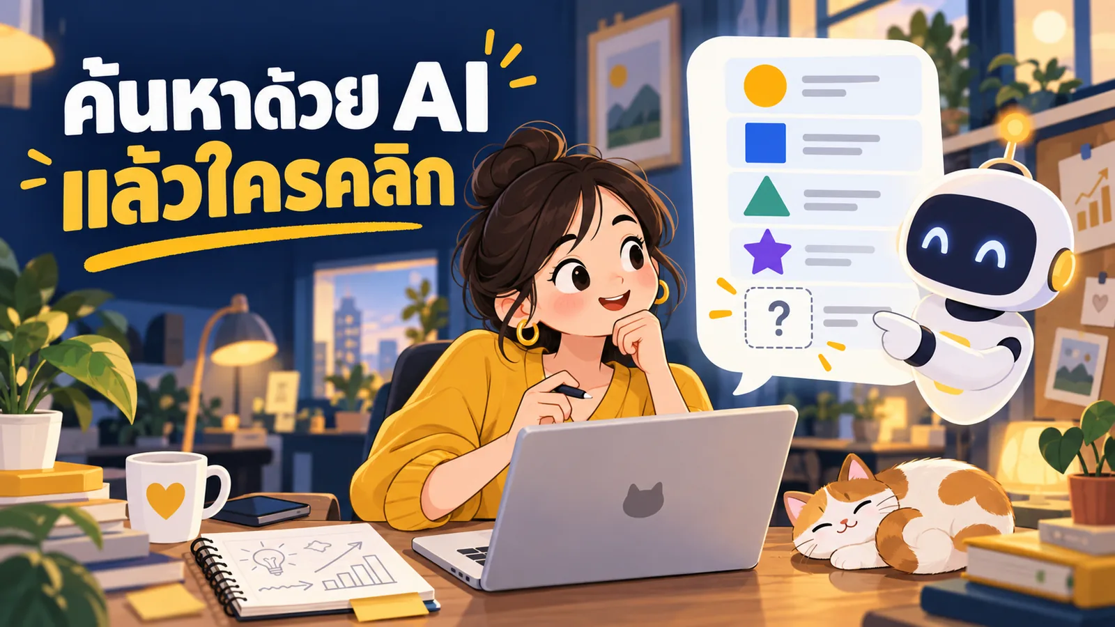 ภาพการ์ตูนประกอบบทความ Gemini กับ Google Search: ค้นหาด้วย AI แล้วใครคลิก
