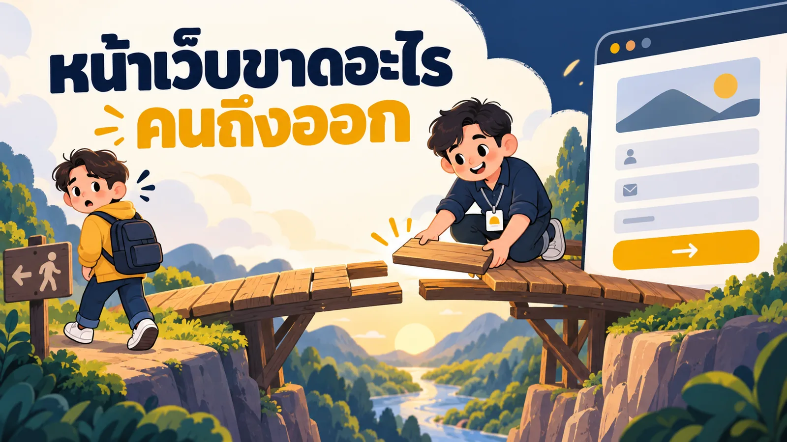 ภาพการ์ตูนประกอบบทความ Landing Page ที่ดี: หน้าเว็บขาดอะไรคนถึงออก
