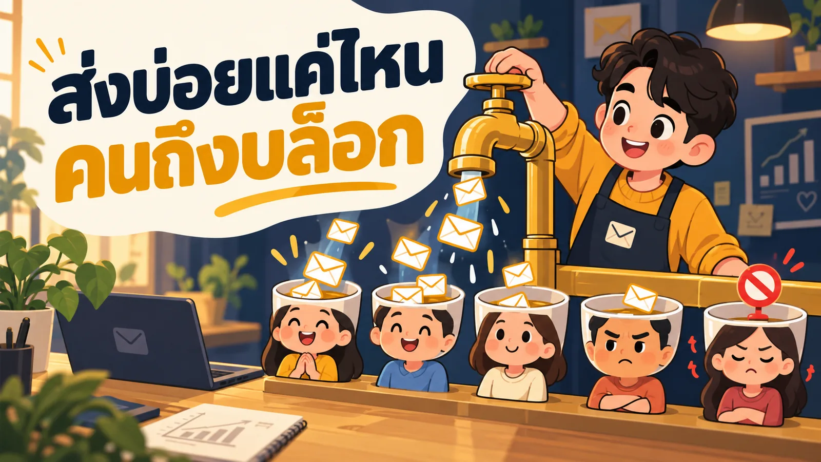 ภาพการ์ตูนประกอบบทความ LINE OA Broadcast: ส่งบ่อยแค่ไหนคนถึงบล็อก