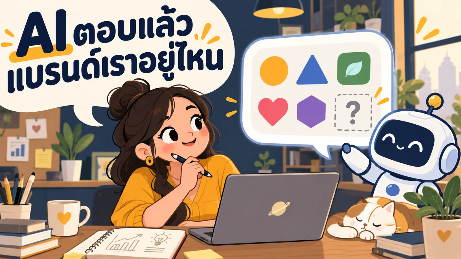 ภาพการ์ตูนประกอบบทความ วัดผล Brand Visibility บน AI Search: AI ตอบแล้วแบรนด์เราอยู่ไหน