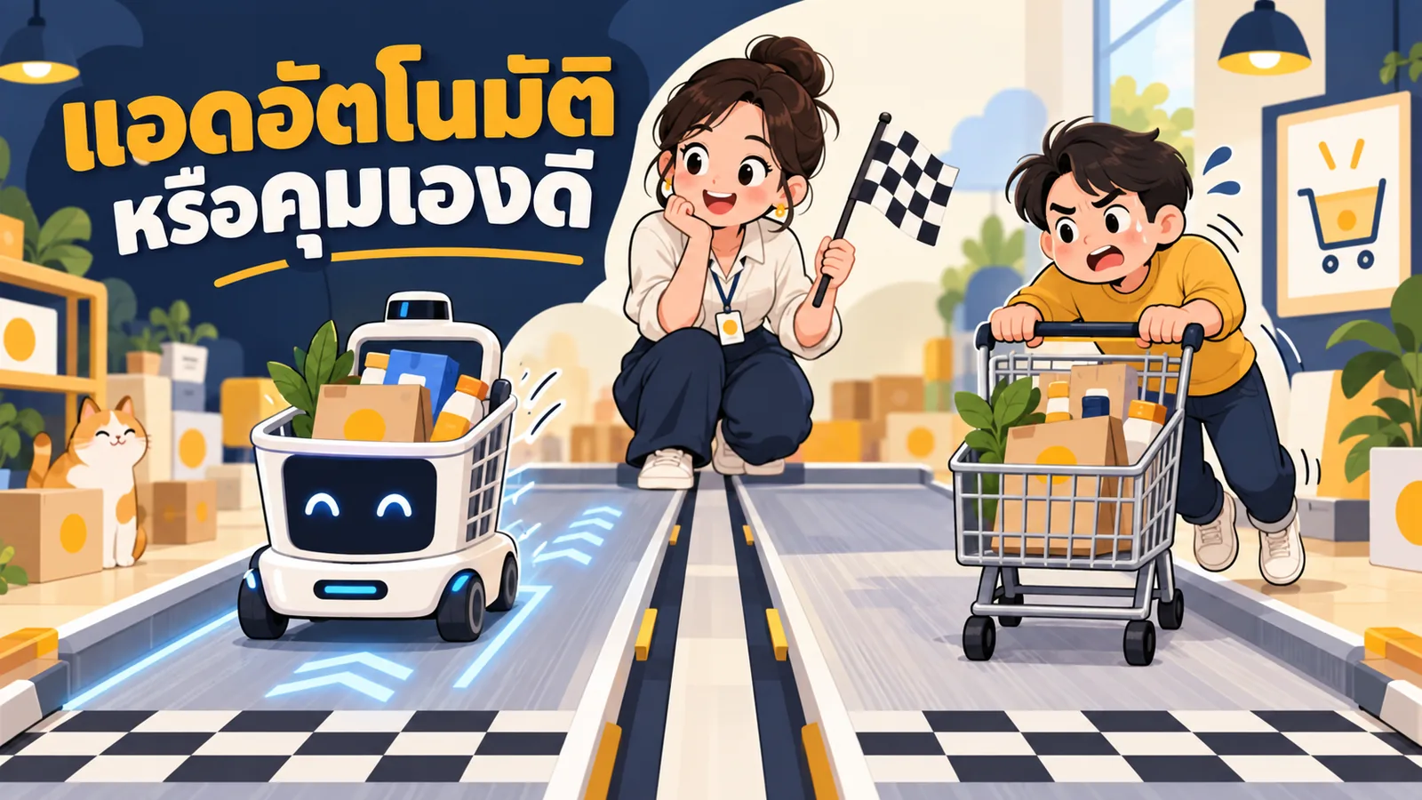 ภาพการ์ตูนประกอบบทความ Meta Advantage+ Shopping Campaign: แอดอัตโนมัติหรือคุมเองดี