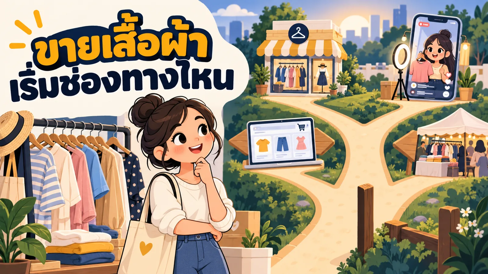 ภาพการ์ตูนประกอบบทความ การตลาดออนไลน์เสื้อผ้า: ขายเสื้อผ้าเริ่มช่องทางไหน