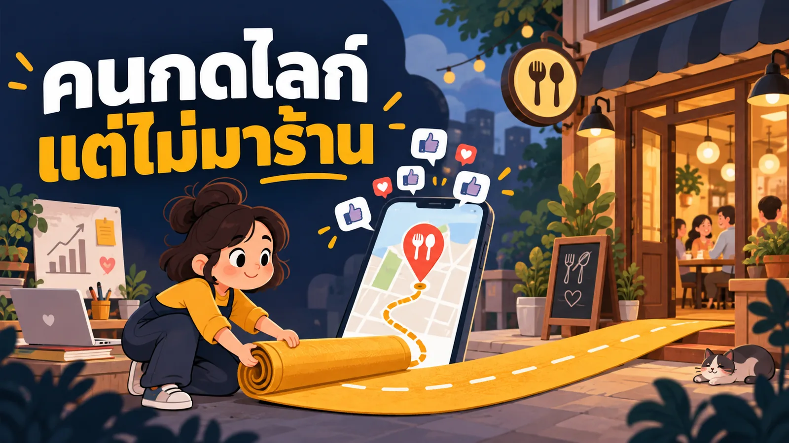 ภาพการ์ตูนประกอบบทความ การตลาดออนไลน์ร้านอาหาร: คนกดไลก์แต่ไม่มาร้าน