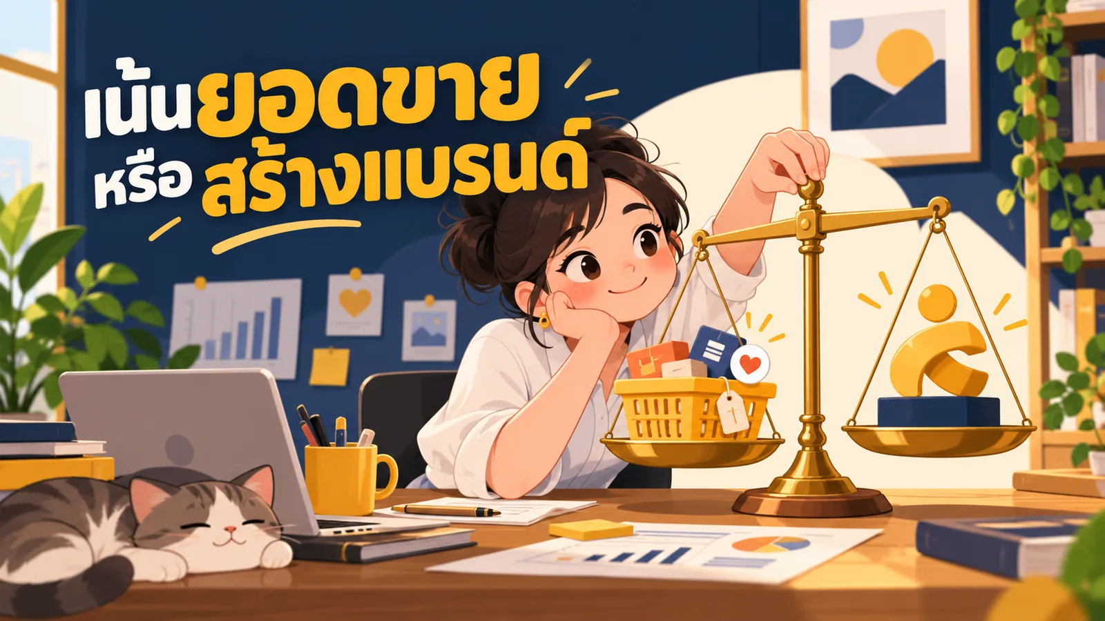 ภาพการ์ตูนประกอบบทความ Performance marketing กับ Branding: เน้นยอดขายหรือสร้างแบรนด์