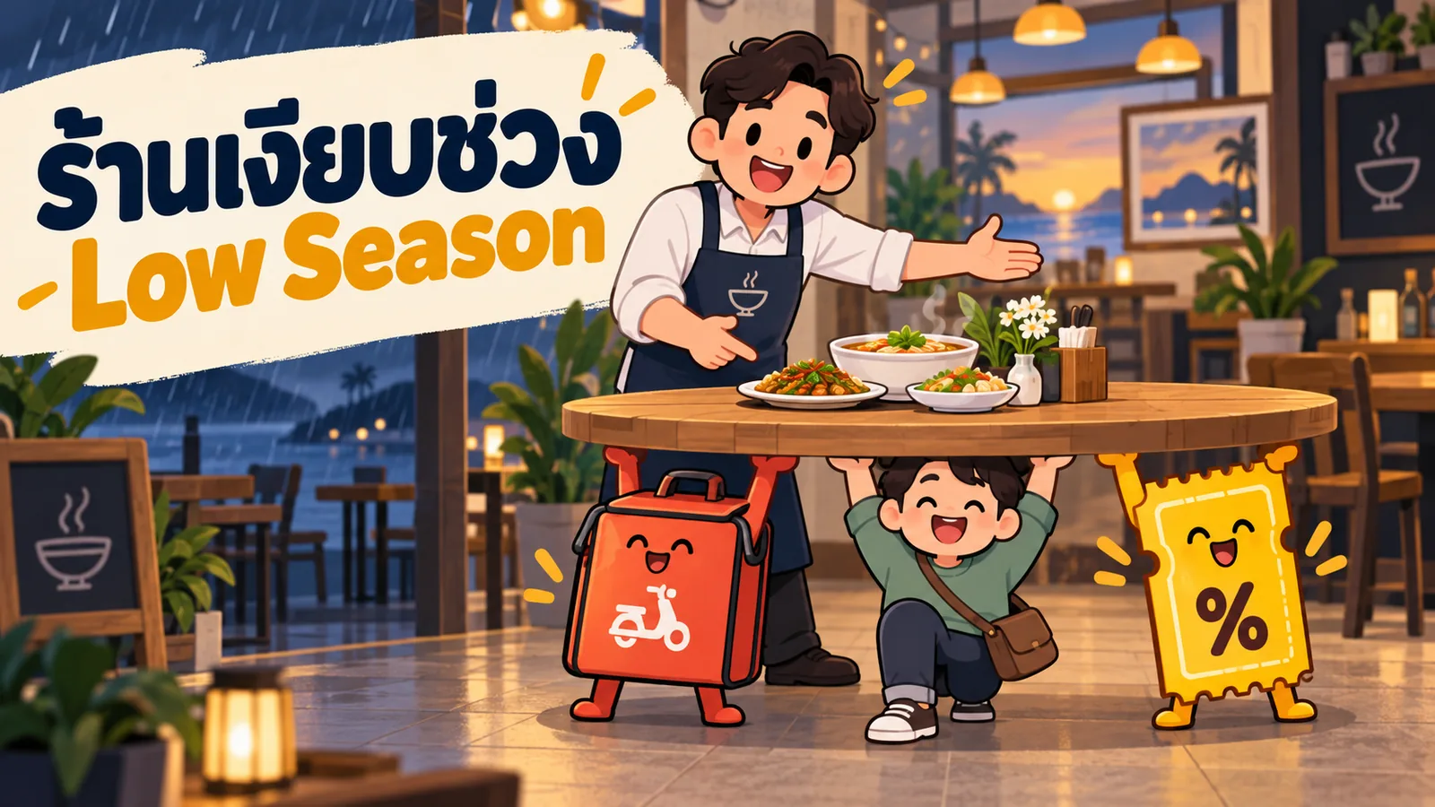 ภาพการ์ตูนประกอบบทความ การตลาดร้านอาหาร Low Season: ร้านเงียบช่วง Low Season