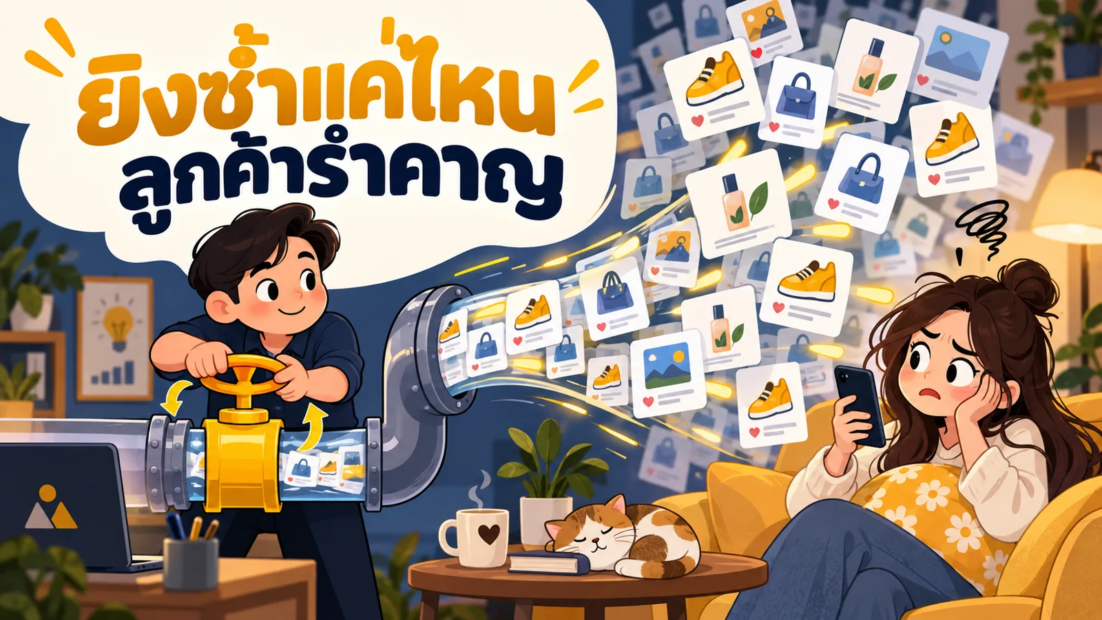 ภาพการ์ตูนประกอบบทความ Retargeting Ads: ยิงซ้ำแค่ไหนลูกค้ารำคาญ