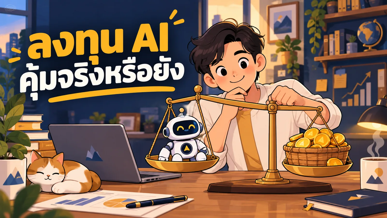 ภาพการ์ตูนประกอบบทความ ROI จากการลงทุน AI Marketing: ลงทุน AI คุ้มจริงหรือยัง