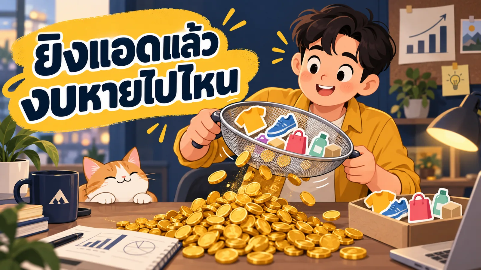 ภาพการ์ตูนประกอบบทความ Shopee Ads: ยิงแอดแล้วงบหายไปไหน