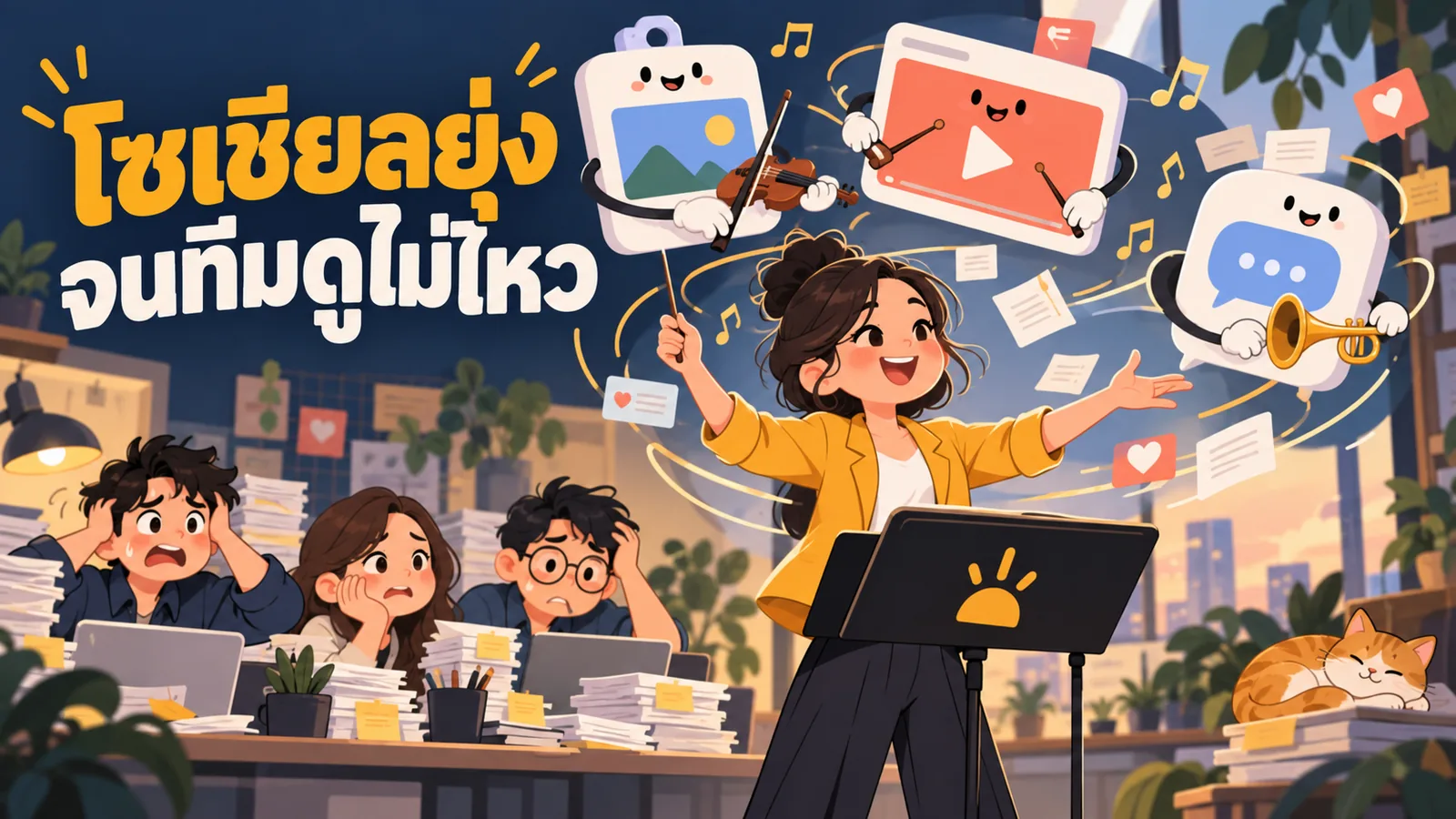 ภาพการ์ตูนประกอบบทความ เอเจนซี่โซเชียลมีเดียในกรุงเทพ: โซเชียลยุ่งจนทีมดูไม่ไหว