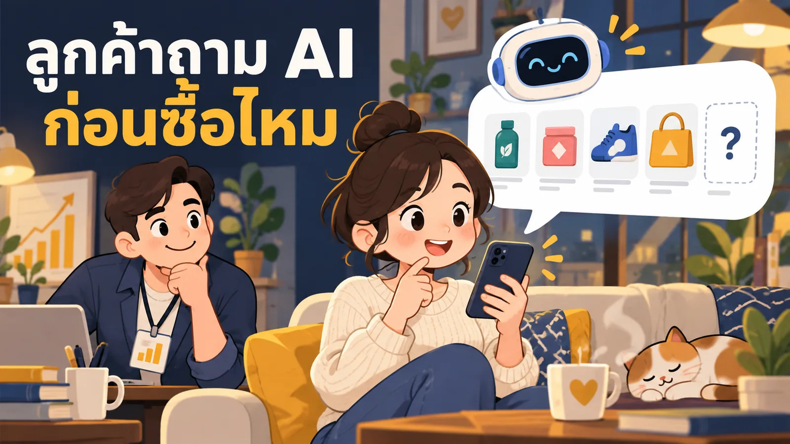 ภาพการ์ตูนประกอบบทความ พฤติกรรมผู้บริโภคไทย: ลูกค้าถาม AI ก่อนซื้อไหม