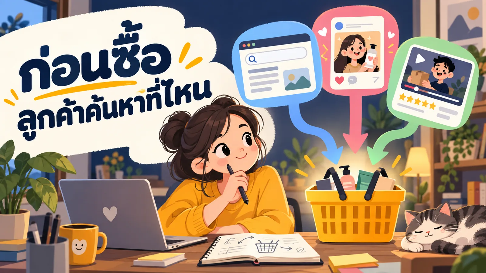 ภาพการ์ตูนประกอบบทความ ค้นหาสินค้า: ก่อนซื้อ ลูกค้าค้นหาที่ไหน